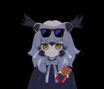  1girl animal_ears binturong_(kemono_friends) binturong_girl black_background bow bowtie cardigan chocolate extra_ears food grey_hair kemono_friends long_hair looking_at_viewer notora ribbon shirt simple_background solo sunglasses sweets upper_body yellow_eyes 