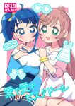  2girls absurdres blue_eyes blue_hair blue_shirt blue_skirt blue_thighhighs bow bowtie commentary_request content_rating cover cover_page cut_bangs doujin_cover dress green_eyes hair_bun hair_ribbon hand_on_lap hand_on_own_chest hands_on_another&#039;s_shoulders highres hirogaru_sky!_precure kneeling long_sleeves looking_at_viewer meranoreuka_(pandapaca) miniskirt multiple_girls nijigaoka_mashiro open_mouth parted_lips partial_commentary pink_dress pink_hair precure ribbon scrunchie shirt short_dress side-by-side side_ponytail single_hair_bun single_sidelock sitting skirt smile sora_harewataru t-shirt thighhighs translated two-tone_dress two-tone_shirt v-neck white_bow white_bowtie white_dress white_ribbon white_shirt wrist_scrunchie yellow_ribbon 