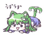  1girl animal_ears aokukou blue_skirt blue_trim cat_ears cat_girl cat_tail chibi commentary_request frog_hair_ornament green_hair hair_ornament kemonomimi_mode kochiya_sanae long_sleeves lowres no_nose open_mouth shirt simple_background single_hair_tube skirt smile solo tail touhou translation_request v-shaped_eyebrows white_background white_shirt 