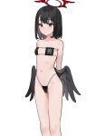  1girl absurdres alternate_costume angel bare_arms bare_shoulders bikini black_bikini black_hair black_wings blue_archive blush breasts closed_mouth commentary_request cowboy_shot eyepatch_bikini feathered_wings fffukuzawa groin hair_between_eyes halo highleg highleg_bikini highres long_hair looking_at_viewer low_wings mashiro_(blue_archive) medium_hair navel paid_reward_available purple_eyes ribbon simple_background small_breasts solo standing stomach string_bikini swimsuit white_background wings 