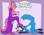 anthro blush canid canine chastity_cage chastity_device diaper dominant dominant_female duo female fox herm hi_res intersex intersex/female kneeling kneeling_on_ground mammal samantha_the_vixen stepping_on_face submissive submissive_intersex unknown_species zoey_(disambiguation) zoey_(oc)