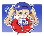  :d blonde_hair blue_background blue_dress blue_footwear blue_hat chibi dokibird_(vtuber) dokibird_(vtuber)_(tomato) dress green_eyes indie_virtual_youtuber jacket jewelry long_hair looking_at_viewer n4391 necklace open_clothes open_jacket sitting smile star_(symbol) twintails virtual_youtuber white_background white_jacket 