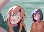  2girls black_hair blonde_hair blue_eyes blurry blurry_foreground closed_mouth commentary egakuning english_commentary glasses green_jacket green_sky heterochromia highres jacket kamikoshi_sorawo long_hair multiple_girls nishina_toriko orange_jacket outdoors parted_lips short_hair upper_body urasekai_picnic yellow_eyes 