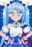  1girl blue_cape blue_dress blue_eyes blue_hair brooch cape closed_mouth commentary cure_sky cut_bangs dress earrings fingerless_gloves gloves hands_on_own_hips highres hirogaru_sky!_precure jewelry long_hair looking_at_viewer magical_girl meranoreuka_(pandapaca) multicolored_hair pink_hair precure red_cape single_earring single_sidelock sleeveless sleeveless_dress smile solo sora_harewataru standing twintails two-sided_cape two-sided_fabric two-tone_dress two-tone_hair very_long_hair white_dress white_gloves wing_brooch 