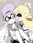  2girls baseball_cap blonde_hair blush carrying closed_eyes eromame fang hat hood hoodie inkling inkling_girl inkling_player_character jacket jersey multiple_girls princess_carry purple_eyes purple_hair shorts smile splatoon_(series) tentacle_hair yuri 