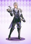  argyle argyle_background artist_name bangs boots butler checkered checkered_background commentary cup dagger fire_emblem fire_emblem_if full_body gauntlets gloves gradient gradient_background gzei hair_between_eyes highres holding holding_weapon joker_(fire_emblem_if) legs_apart long_hair low_ponytail male_focus outline ponytail purple_eyes scarf solo standing teacup teapot weapon white_hair 