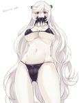 bikini black_bikini breasts cameltoe cleavage covered_mouth covered_nipples horns kantai_collection large_breasts long_hair looking_at_viewer maruki_(punchiki) micro_bikini midway_hime navel red_eyes shinkaisei-kan simple_background solo swimsuit twitter_username very_long_hair white_background white_hair white_skin 
