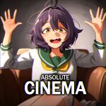  1girl absolute_cinema_(meme) absurdres ahoge commentary dot_nose english_commentary english_text fang hair_intakes hands_up highres hiiragi_utena khyle. looking_at_viewer mahou_shoujo_ni_akogarete meme neckerchief open_mouth purple_hair sailor_collar sailor_shirt school_uniform serafuku shirt short_hair smile solo tareme upper_body white_shirt yellow_eyes yellow_neckerchief 