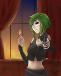  2014 absurdres aiming_at_viewer artist_name braid clenched_teeth crop_top curtains detached_collar detached_sleeves domino_mask fire green_hair gumi gun handgun highres maneodra mask matches nemesis_no_juukou_(vocaloid) red_eyes revolver shorts side_braid signature teeth vocaloid weapon window 