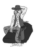  2023 anthro clothing collared_shirt countershade_face countershading cowboy_hat cowboy_outfit felid feline hand_on_head hand_on_headwear hat headgear headwear humanoid inktober inktober_2023 lynx male mammal mechanical_bull ricky_arts saddle scared_face simple_background solo topwear vest white_background 