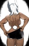  1girl adjusting_clothes adjusting_shorts animal_ears backboob bare_back black_shorts boku_no_hero_academia breasts colorized dark-skinned_female dark_skin english_commentary gonzalocosta888 hair_over_shoulder highres large_breasts long_hair masoq median_furrow mirko muscular muscular_female rabbit_ears rabbit_girl rabbit_tail shorts simple_background solo steaming_body sweat tail thick_thighs thighs third-party_edit topless very_sweaty white_hair 