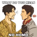  2boys black_hair blank_stare collared_shirt disappointed english_text eye_contact facial_hair goatee goatee_stubble highres image_macro_(meme) jacket jovii_(jovu70337276) kiryu_kazuma looking_at_another majima_goro male_focus mature_male meme multiple_boys no_shirt pectoral_cleavage pectorals profile ryuu_ga_gotoku_(series) shirt shirt_tug short_hair sideburns sideburns_stubble solid_circle_eyes speech_bubble stubble suit_jacket sweatdrop tearing_up thick_eyebrows upper_body 