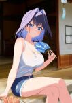  1girl :o absurdres bare_shoulders blue_eyes blue_hair blue_shorts breasts colored_inner_hair crossed_legs cutoffs denim denim_shorts food foureyed_crow fruit hair_intakes hand_fan highres holding holding_fan hololive hololive_english large_breasts looking_at_viewer multicolored_hair ouro_kronii paper_fan plate purple_hair short_hair short_shorts shorts sitting solo tank_top thighs veranda virtual_youtuber watermelon watermelon_slice white_tank_top wind_chime 