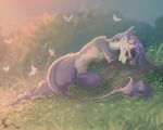 accessory anthro female flower flower_in_hair fur grass_field hair hair_accessory hi_res lying on_side plant purple_body purple_fur relaxing rock sergal simple_background solo tail tail_tuft tenebris_umbra tuft