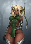  1girl antlers barbariank bare_shoulders black_gloves blonde_hair breast_bondage breasts commentary covered_nipples cowboy_shot dark-skinned_female dark_skin dryad elbow_gloves english_commentary eyes_visible_through_hair freckles gloves green_eyes green_ribbon hair_between_eyes hair_ribbon highres horns large_breasts leaf_panties long_hair long_pointy_ears monster_girl original panties pelvic_curtain plant_girl pointy_ears revealing_clothes ribbon rope solo symbol-shaped_pupils thick_eyebrows thick_thighs thighs underwear wide_hips 