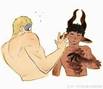  2boys animal_ears animal_hands black_hair blonde_hair blue_eyes brown_fur brown_horns chinese_commentary claws commentary_request completely_nude cropped_torso dark-skinned_male dark_skin dungeon_meshi flying_sweatdrops goat_boy goat_ears goat_horns hand_up highres horns kabru laios_touden looking_at_another male_focus mingdamitang monster_boy monsterification multiple_boys nude parted_lips short_hair simple_background sweat very_short_hair white_background 