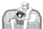  2girls aged_down child closed_eyes closed_mouth couch cushion greyscale hair_ribbon highres inoue_takina jenjen long_sleeves looking_at_another lycoris_recoil medium_hair monochrome multiple_girls nishikigi_chisato on_couch one_side_up ribbon shirt shorts sleeping sleeping_on_person 