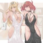  2girls absurdres backless_dress backless_outfit bare_shoulders blonde_hair blush breasts calmgreentori chest_jewel cleavage cleavage_cutout clothing_cutout cowl_neck curvy dangle_earrings dress drop_earrings earrings evening_gown gem headpiece highres jewelry large_breasts long_hair looking_at_viewer multiple_girls mythra_(xenoblade) plunging_neckline pyra_(xenoblade) red_eyes red_hair revealing_clothes short_hair sideless_dress swept_bangs thighhighs thighs tiara very_long_hair xenoblade_chronicles_(series) xenoblade_chronicles_2 yellow_eyes 
