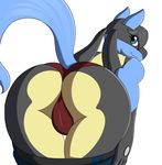  2016 anthro anthrofied bent_over big_butt black_fur black_hair blue_eyes blue_fur butt camel_toe canine clothed clothing fan_character female fur hair larita_lucrio looking_at_viewer looking_back lucario mammal nintendo pants pok&eacute;mon pok&eacute;morph presenting presenting_hindquarters raised_tail rear_view simple_background smile solo undressing video_games white_background xehta13 yellow_fur 