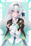  1girl aqua_hair blue_bow blush bow bridal_gauntlets commentary_request firefly_(honkai:_star_rail) gradient_hair grey_hair grey_hairband hair_bow hairband hand_up head_tilt highres honkai:_star_rail honkai_(series) jacket long_hair long_sleeves looking_at_viewer multicolored_hair purple_eyes solo upper_body very_long_hair white_jacket yuuyu_(moco20111115) 