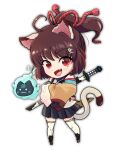  1girl :3 :d animal_ears asymmetrical_sleeves black_gloves black_skirt blue_fire blush brown_hair cat_ears cat_girl cat_tail chibi commentary_request crossed_arms detached_sleeves fang fire full_body gloves high_ponytail highres ichihime katana kotamika looking_at_viewer mahjong_soul mahjong_tile_hair_ornament medium_bangs mismatched_sleeves open_mouth pleated_skirt purple_shirt red_eyes red_rope rope shin_guards shirt short_hair short_ponytail simple_background skirt sleeveless sleeveless_shirt smile solo standing sword tail thighhighs weapon white_background white_sleeves white_thighhighs yellow_sleeves 