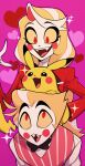  1boy 1girl black_eyes blonde_hair charlie_morningstar colored_sclera commentary crossover father_and_daughter formal hazbin_hotel heart highres long_hair looking_up lucifer_morningstar_(hazbin_hotel) mo_masimasi pikachu pokemon pokemon_(creature) purple_background red_eyes short_hair smile sparkle suit symbol-only_commentary yellow_sclera 