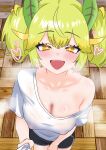  1girl black_shorts blush breasts cleavage collarbone commentary_request covered_nipples cowboy_shot dragon_girl dragon_horns duel_monster from_above green_hair heart highres horns large_breasts long_hair looking_at_viewer oldsickkim open_mouth paid_reward_available parlor_dragonmaid shirt shorts single_off_shoulder smile twintails white_shirt wooden_floor yellow_eyes yu-gi-oh! 