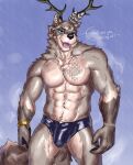 anthro antlers blue_eyes bodily_fluids bracelet canid canine canis clothing deeeerboi deer ear_piercing feathers fluffy fluffy_tail glistening glistening_body hi_res horn hybrid jewelry male mammal muscular muscular_anthro muscular_male neck_tuft paul_(deeeerboi) piercing procyonid raccoon smile smirk solo speedo sweat sweaty_body swimwear tail tattoo tuft wolf