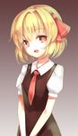  blonde_hair dress fang gradient gradient_background hair_ribbon highres necktie neetsr open_mouth puffy_sleeves red_eyes ribbon rumia short_hair short_sleeves smile solo touhou upper_body 