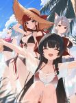  4girls :d absurdres akane_lize animal_ears arahashi_tabi bikini bird black_bikini black_choker black_eyes black_hair blue_eyes blue_hair blue_shorts blue_sky blunt_bangs bow breasts brown_hat cat_ears choker closed_eyes cloud criss-cross_halter cross cross_earrings day ear_piercing earrings front-tie_bikini_top front-tie_top gnns grey_hair hair_bow halterneck hat hat_bow highres holding holding_swim_ring holding_water_gun jewelry large_breasts long_hair looking_at_viewer medium_breasts mole mole_under_eye multicolored_hair multiple_girls navel neneko_mashiro off-shoulder_shirt off_shoulder open_clothes open_mouth open_shorts outdoors outstretched_arms palm_tree piercing red_bikini red_bow red_eyes red_hair shirayuki_hina shirt short_hair shorts side-tie_bikini_bottom sky small_breasts smile standing stellive stomach straw_hat streaked_hair sun_hat swim_ring swimsuit t-shirt tankini tree twintails underboob very_long_hair virtual_youtuber water_gun wet wet_clothes wet_shirt white_shirt 