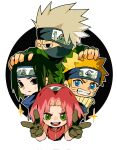  1girl 3boys black_background black_eyes black_hair blonde_hair blue_eyes blue_shirt border chibi double_v facial_mark fangs fingerless_gloves gloves green_eyes green_vest grey_hair grin hairband hand_on_another&#039;s_head headband highres mask mouth_mask multiple_boys naruto naruto_(series) one_eye_covered open_mouth parted_bangs pink_hair red_shirt shirt sleeveless sleeveless_shirt smile sparkle spiked_hair sweatdrop teeth upper_body v vest whisker_markings white_border xi_luo_an_ya 
