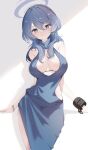  1girl absurdres ako_(blue_archive) ako_(dress)_(blue_archive) arm_support blue_archive blue_eyes blue_hair bracelet breasts cleavage cocokawa_(cjsj8353) commentary_request dangle_earrings dress earrings evening_gown hair_between_eyes hairband halo head_tilt highres jewelry large_breasts long_hair looking_at_viewer official_alternate_costume side_slit sidelocks simple_background smile solo white_background 