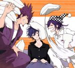  3boys ^_^ adapted_costume black_hat black_pajamas black_shirt black_sleeves blue_hair buttons checkered_clothes checkered_headwear closed_eyes collarbone collared_shirt danganronpa_(series) danganronpa_v3:_killing_harmony eyelashes face-to-face facial_hair feet_out_of_frame fingernails goatee grin hair_between_eyes hat head_tilt holding holding_pillow light_smile long_sleeves looking_at_another momota_kaito motion_blur multicolored_buttons multiple_boys nervous_smile nightcap oma_kokichi on_bed open_mouth orange_background pajamas pants pectoral_cleavage pectorals pillow pillow_stack pinstripe_pattern pinstripe_shirt pom_pom_(clothes) purple_hair purple_robe robe saihara_shuichi sharp_teeth shirt short_hair simple_background sitting smile spiked_hair striped_background sweatdrop teeth throwing two-tone_headwear u_u_ki_u_u under_covers unmoving_pattern upper_teeth_only vertical-striped_sleeves white_hat white_pajamas white_pants white_shirt white_sleeves 