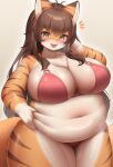 2023 5_fingers :3 absurd_res ahoge anthro belly big_breasts bikini biped blush bottomwear breasts brown_body brown_ear_tips brown_ears brown_fur brown_hair brown_stripes catkey_(huhunya) chest_tuft cleavage clothed clothing colored curvy_figure digital_media_(artwork) dipstick_ears ear_markings emanata eyelashes felid female female_anthro fingers front_view full_cleavage fur glistening glistening_belly glistening_body glistening_breasts glistening_eyes glistening_fur gloves_(marking) green_eyes green_pupils hair hand_on_belly heart_(marking) hi_res holding_belly huge_breasts kemono kemonoyou long_hair looking_at_viewer mammal markings midriff monotone_body monotone_fur multicolored_body multicolored_ears multicolored_fur navel open_:3 open_mouth open_smile orange_body orange_ears orange_fur orange_tail overweight overweight_anthro overweight_female pantherine pink_bikini pink_bottomwear pink_clothing pink_nose pink_swimwear pink_topwear portrait pupils shaded simple_background smile solo standing striped_body striped_fur stripes swimwear tail thick_thighs three-quarter_portrait tiger topwear tuft voluptuous white_background white_body white_fur white_inner_ear wide_hips
