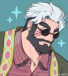  1boy alternate_costume bara beard facial_hair full_beard grey_hair hidden_hero_(o2h) highres hiwen-d huge_eyebrows looking_ahead male_focus mature_male muscular muscular_male polo_shirt portrait second-party_source short_hair solo starry_background sunglasses thick_beard 