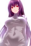  1girl breasts closed_mouth commentary_request covered_navel engo_(aquawatery) fate/grand_order fate_(series) hair_between_eyes large_breasts lips long_hair long_sleeves looking_at_viewer official_alternate_costume pink_lips purple_hair red_eyes scathach_(fate) simple_background smile solo sweater turtleneck turtleneck_sweater very_long_hair white_background white_sweater 