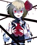  1girl :d ascot black_skirt black_vest blonde_hair blood blood_on_fingers bloody_clothes dripping fangs frilled_shirt_collar frills hair_ribbon highres ikurauni long_sleeves looking_at_viewer nail_polish open_mouth pale_skin red_eyes red_nails red_ribbon ribbon rumia shaded_face shirt simple_background skirt smile solo teeth touhou upper_body vest white_background white_shirt 