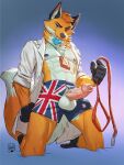 anthro athletic athletic_anthro athletic_male australian_flag balls blue_eyes boxers_(clothing) canid canine cheek_tuft clothed clothing collar condom condom_in_mouth condom_wrapper facial_tuft flag_clothing fluffy fluffy_tail foreskin fox front_view genitals hi_res holding_leash holding_object humanoid_genitalia humanoid_penis kneeling leash leashed_collar lion21 male mammal mouth_hold object_in_mouth open_clothing open_shirt open_topwear orithan penis seductive sexual_barrier_device shirt solo tail topwear tuft underwear
