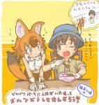  1boy 1girl :3 animal_ears bare_shoulders bento blush bow bowtie brown_eyes brown_hair brown_shirt brown_skirt captain_(kemono_friends) chair chopsticks dhole_(kemono_friends) dog dog_ears dog_girl dog_tail extra_ears food gloves jacket kemono_friends light_brown_hair multicolored_hair nashi_umai one_eye_closed pleated_skirt safari_jacket shirt short_hair sitting skirt sweatdrop table tail thought_bubble translation_request two-tone_shirt uniform white_bow white_bowtie white_gloves white_hair white_shirt 