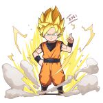  &gt;:) 1boy blonde_hair blue_eyes blue_shirt brown_footwear chibi closed_mouth dougi dragon_ball full_body hand_up highres jchoy looking_at_viewer male_focus salute shirt sleeveless sleeveless_shirt smile smoke solo son_goku standing super_saiyan thick_eyebrows two-finger_salute two-tone_background v-shaped_eyebrows white_background yellow_background 