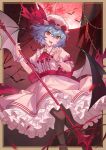  1girl :d ascot back_bow bare_tree bat_(animal) bat_wings black_pantyhose blood blood_drop blood_from_mouth blood_on_face blue_hair blurry blush border bow brown_border commentary crossed_bangs depth_of_field eyelashes feet_out_of_frame fighting_stance floating_hair frilled_shirt_collar frilled_wrist_cuffs frills full_moon gem green_gemstone hair_between_eyes hands_up hat hat_ribbon head_tilt highres holding holding_polearm holding_weapon lazuri7 looking_at_viewer mob_cap moon nail_polish night open_mouth outdoors pantyhose petticoat pink_hat pink_shirt pink_skirt polearm puffy_short_sleeves puffy_sleeves red_ascot red_bow red_eyes red_footwear red_moon red_nails red_ribbon red_sky remilia_scarlet ribbon shirt short_hair short_sleeves skirt sky sleeve_bow smile solo spear standing teeth touhou tree tsurime upper_teeth_only vampire weapon wings wrist_cuffs 