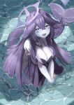  1girl black_dress breasts cleavage colored_skin crossed_bangs dress facial_mark fins fish_tail grey_skin grug_art halo highres horns indie_virtual_youtuber large_breasts long_hair megalodon_(vtuber) open_mouth partially_submerged purple_eyes purple_hair shark_girl shark_tail sharp_teeth single_horn solo tail teeth virtual_youtuber water 