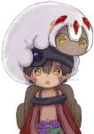  1boy 1girl :o auchu_jin bodypaint brown_hair cape chibi dark-skinned_female dark_skin extra_arms faputa furry hair_between_eyes helmet highres looking_at_viewer made_in_abyss navel orange_eyes pointy_ears red_cape regu_(made_in_abyss) robot v-shaped_eyebrows white_background white_fur white_hair 