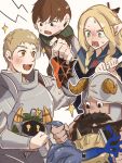  1girl 3boys animal arknights beard blush chilchuck_tims crossover crying crying_with_eyes_open dungeon_meshi excited facial_hair highres holding holding_animal kurokuro_rakuga laios_touden marcille_donato metal_crab_(arknights) multiple_boys originium_slug_(arknights) peacake_(arknights) seaborn_(arknights) senshi_(dungeon_meshi) sweatdrop tears tentacles 