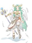  1girl breasts chain diadem feathers full_body gold_chain green_eyes green_hair highres holding holding_staff kid_icarus kid_icarus_uprising long_hair mono_(monomono1998) palutena single_thighhigh solo staff thighhighs vambraces very_long_hair wings 