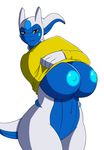  2016 alternate_color anthro anthrofied arceus areola big_breasts blue_nipples blue_sclera blue_skin bottomless breasts clothed clothing crossed_arms deity fan_character female half-closed_eyes horn huge_breasts infinity_(xehta13) legendary_pok&eacute;mon navel nintendo nipples pok&eacute;mon pok&eacute;morph pussy red_eyes simple_background smile solo sweater thick_thighs undressing video_games voluptuous white_background white_horn white_skin wide_hips xehta13 
