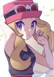  1girl black_shirt blonde_hair eyelashes eyewear_on_headwear grey_eyes hat highres long_hair omochi_(omotimotittona3) pokemon pokemon_xy red_skirt serena_(pokemon) shirt skirt sleeveless sleeveless_duster sleeveless_shirt solo solo_focus sunglasses white-framed_eyewear 