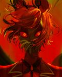  1boy alastor_(hazbin_hotel) antlers avees_in black_hair colored_sclera deer_antlers demon_boy hair_over_mouth hazbin_hotel highres horns looking_at_viewer male_focus multicolored_hair red_background red_hair red_sclera short_hair solo underwear yellow_eyes 