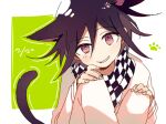  1boy 4_(nakajima4423) animal_ears arm_belt belt black_scarf cat_ears cat_tail checkered_clothes checkered_scarf commentary_request danganronpa_(series) danganronpa_v3:_killing_harmony dated fingernails hair_between_eyes hands_on_own_knees jacket kemonomimi_mode knees_up layered_sleeves light_blush long_sleeves looking_at_viewer oma_kokichi open_mouth pants paw_print purple_eyes purple_hair scarf short_hair simple_background sitting sleeves_past_wrists smile solo tail teeth torn_clothes torn_scarf two-tone_scarf upper_body white_background white_belt white_jacket white_pants white_scarf 