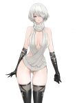  1girl 2b_(nier:automata) ass_visible_through_thighs bare_shoulders black_gloves black_thighhighs breasts commentary dishwasher1910 gloves grey_eyes grey_hair highres large_breasts looking_at_viewer meme_attire mole mole_under_mouth nier:automata nier_(series) short_hair simple_background solo standing sweater symbol-only_commentary thighhighs thighs turtleneck turtleneck_sweater white_background white_sweater 
